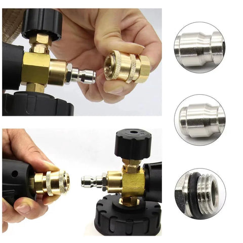 2 Pack Quick Connect Pressure Washer Adapters Set 1/4 Inch NPT Female to 1/4 Inch Plug Fittings shown being connected and disconnected