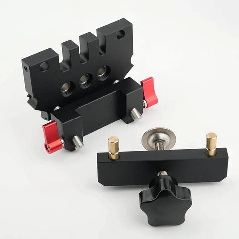 Self Centering Doweling Jig Kit With Aluminum Alloy Construction Including 3 Drill Bits For Pro Grade Furniture Assembly And Wood Joinery Projects, Precision Alignment And Zero Deflection Center Block shown in black aluminum with red accents.