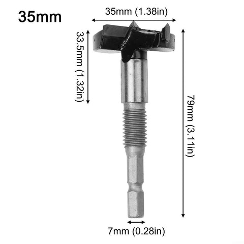 35mm Concealed Hinge Drill Bit With 15 To 35mm Hole Drilling Guide For Cabinet Hinges, metal tool with measurements displayed