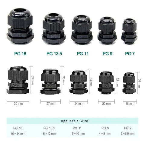 Waterproof Nylon Cable Glands Kit 40 pcs set, sizes PG7 to PG16, black seals, wire dimensions included, outdoor industrial use