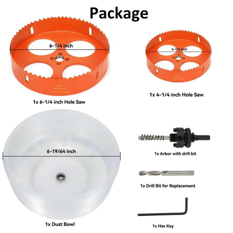6.25 Inch And 4.25 Inch Hole Saw Kit With Dust Bowl Catcher For 6 Inch And 4 Inch LED Recessed Lighting Can Lights Bi Metal Wood Drywall Hole Cutter With Arbor Replacement Bit And Hex Key package contents