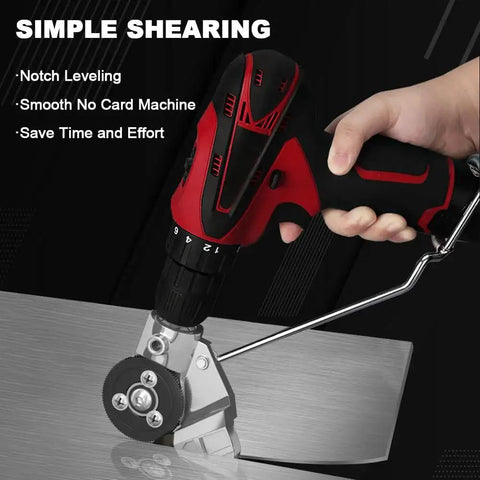 Electric drill with sheet metal cutter attachment cutting metal sheets; red/black color, Amazon brand.