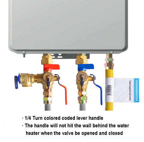 HydroMaster tankless water heater valve kit with relief valve, brass, 3/4 in IPS isolator, red/blue handles
