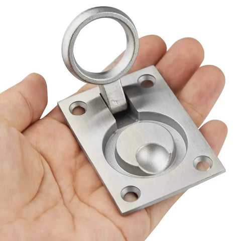 Close-up of 2 Pack Square Flush Pull Ring Handle in hand, 304 stainless steel, corrosion resistant, for boat hatch and cabinet use.