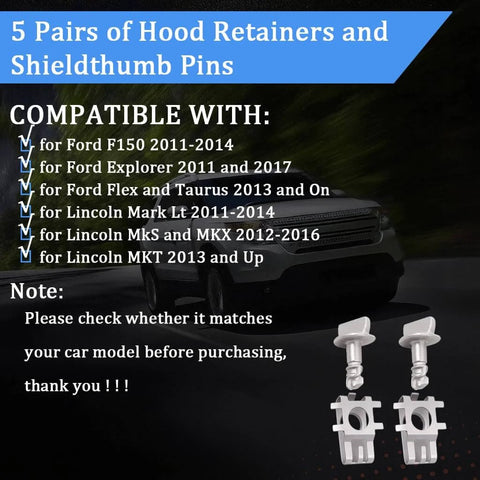 Five Pairs Engine Cover Retainers And Shield Thumb Pins With Screws And Nuts Replacement Clips That Drop In And Fit Ford F150 Edge And Explorer W716006S439 BB5Z00817A compatibility list with Ford and Lincoln vehicles