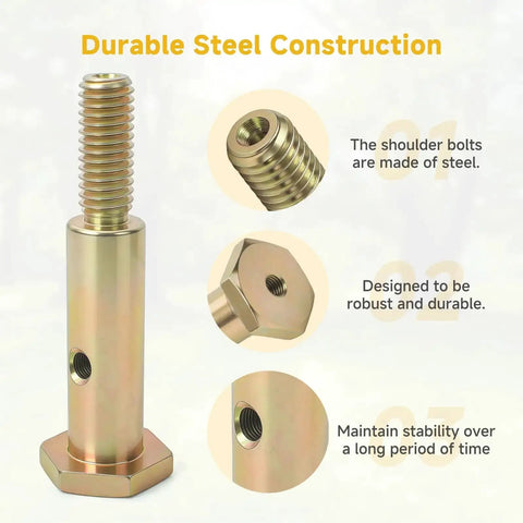Steel shoulder bolt 7/16-14 for lawn mowers, showing durability and design close-ups, part 738-3102 compatible with Cub Cadet, MTD models.