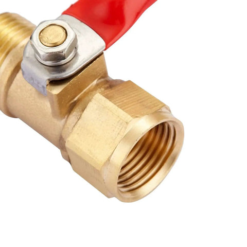 Close-up of Heavy Duty Brass Inline Mini Ball Valve Set, 3/8 NPT Male To 3/8 NPT Female, red 180-degree handle