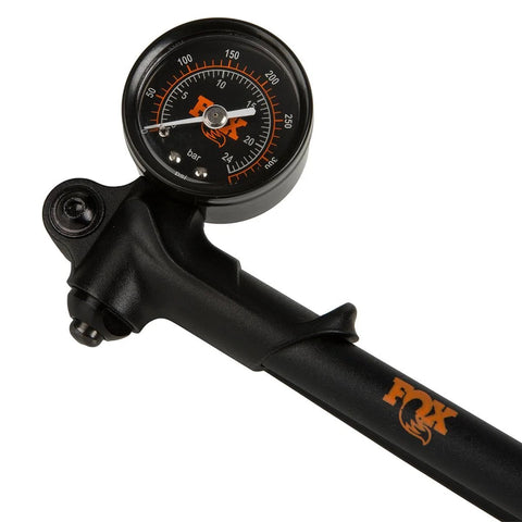 FOX HP shock pump with swivel head, black body, orange logo, 350 PSI gauge.