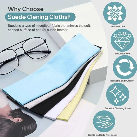 Stack of six multicolored suede microfiber cleaning cloths beside eyeglasses, promoting "Large Suede Microfiber Cleaning Cloths For Eyeglasses 12 Pack 20x20 Cm Lint Free"