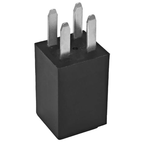Close-up of an Ultra Micro ISO Automotive Relay 12V DC, 20A SPNO, showing 4 metal prongs, ideal for tight spaces and high current circuits.