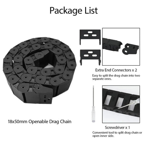 R38 18mm By 50mm Semi Enclosed Drag Chain Cable Carrier For CNC Machines, 1 Meter Length With End Connectors, package contents
