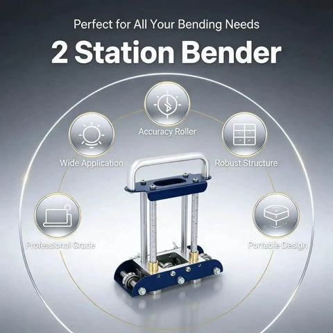 Image of Two Station Sheet Metal Bender For Manual Bending Of Steel Aluminum And Copper From 0 To 90 Degrees with key features highlighted.