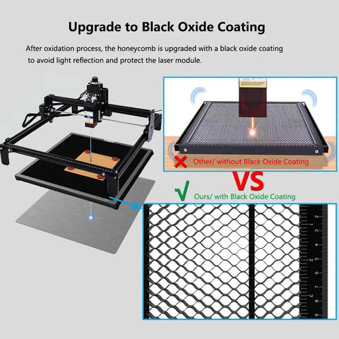 Heat Resistant Black Oxide Coated Honeycomb Laser Bed 400x400mm Open Structure Steel Panel comparison with and without coating
