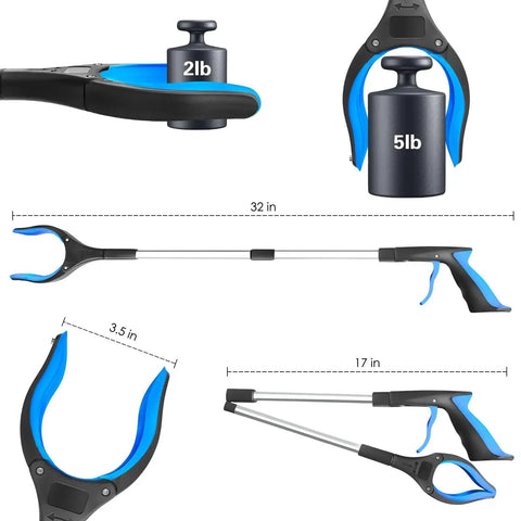 32 Inch Foldable Reacher Tool With 360 Degree Rotating Anti Slip Jaw And Magnet, lightweight aid for seniors, black and blue