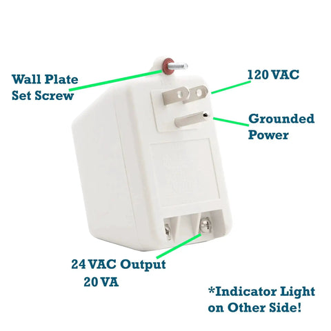 24V AC Transformer 20 VA 830 mA Output UL Approved With Screw Terminals And Green LED, 120V Input, plug and play style
