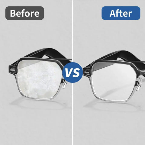 Before and after using 7x7 Inch Microfiber Glasses Cleaning Cloth With Neoprene Pouch, 3 Pack on eyeglasses.