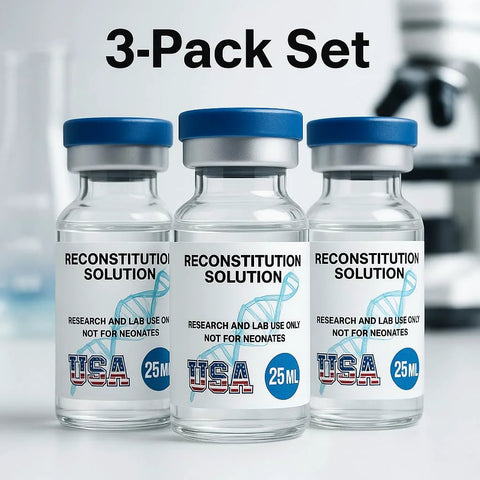 Three clear glass vials with blue caps, 25 ml each, labeled Reconstitution Solution, USA 25 ml.
