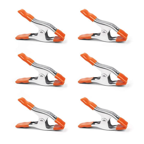 PONY 6-inch heavy-duty spring clamps with 2-inch jaws, nickel-plated steel and orange rubber grips.