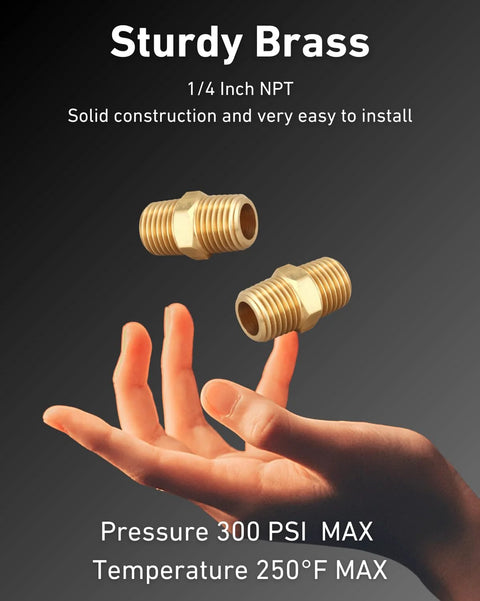 Two brass 1/4 in NPT male hex nipples for pipe and air hose fittings; solid brass construction