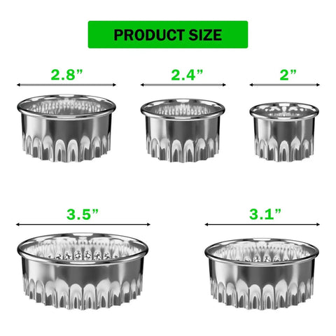 Fluted Round Cookie Cutter Set With Scalloped Biscuit And Circle Crinkle Cutters In Five Sizes Two Inch Through Three And A Half Inch Heavy Duty Food Grade Stainless Steel Rust Resistant With Comfortable Rolled Rim For Easy Handling displayed in five different sizes from 2 to 3.5 inches.
