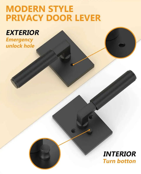 Image showing Six Pack Black Privacy Door Handles With Levers And Knobs For Indoor Doors, featuring keyless access button and unlock hole.