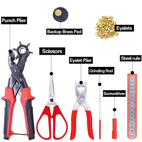 Heavy Duty Adjustable Hole Punch Pliers Kit with Revolving Leather Belt Hole Punch, Eyelet Setter, Scissors, Steel Rule, Tools Display