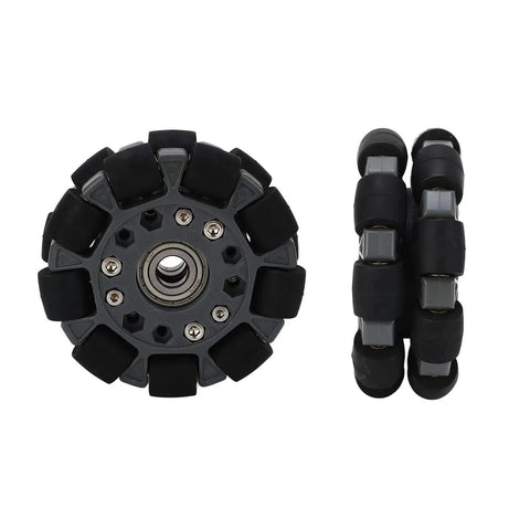 Omni Directional Robot Wheel 100mm with center bearing, black rubber segments for 360 degree rotation, set of two, front and side view