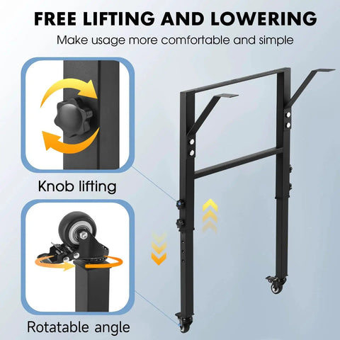 Workbench frame from Amazon, black metal, 19.6in depth, height adjustable 28.5–33.8in, with 4 caster wheels
