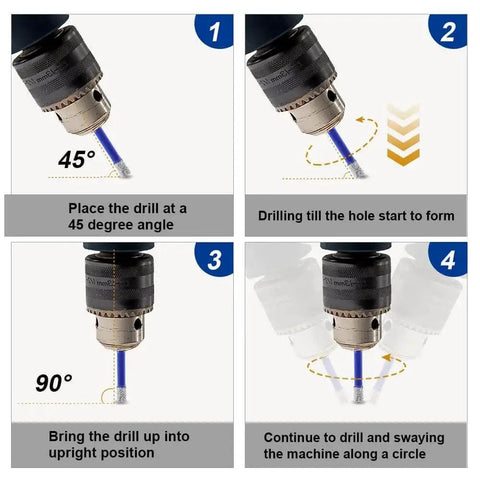 Drilling instructions for Diamond Core Bits Three Eighths Inch Set 10mm for porcelain tile using hand and bench drill.
