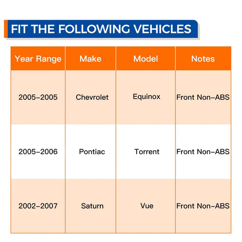 Compatibility chart showing Front Wheel Hub Bearing Assembly for 2005 Chevy Equinox, 2006 Pontiac Torrent, 2002-2007 Saturn Vue.