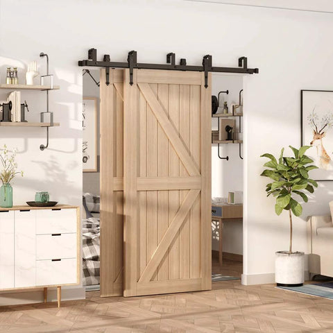 Double Track Bypass Sliding Barn Door Hardware Kit For Two Doors, Low Ceiling Design, installed with arrow shaped hangers