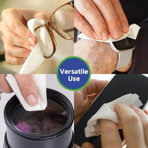 Lens Wipes For Eyeglasses And Screens And Camera Lenses Ocean Scent 100 Count shown cleaning glasses, watch, camera, and phone