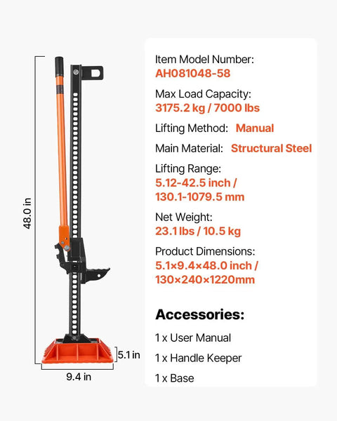 Ratcheting Off Road Farm Jack 7000 Lb Capacity 5.12 To 42.5 In Lift Range with structural steel and manual lifting
