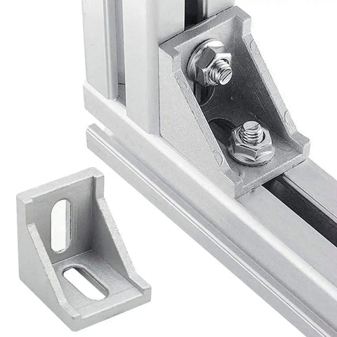 Inside Corner Bracket Gusset for 4040 Aluminum Extrusion with 8mm Slot, installed view, showing connection with aluminum frame.