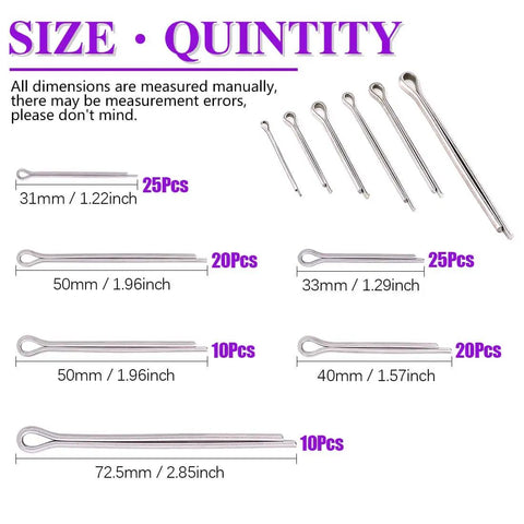 110Pcs 304 Stainless Steel Cotter Pin Clip Fastener Assortment Kit For Auto Mechanics And Small Engine Repair Heavy Duty Corrosion Resistant Durable Easy To Fit Multiple Sizes, shown with various lengths and quantities labeled in inches.