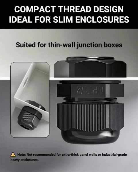 Multi Size Nylon Waterproof Cable Gland Kit With IP68 Cord Grips, NPT size illustration, black strain relief for electrical panels
