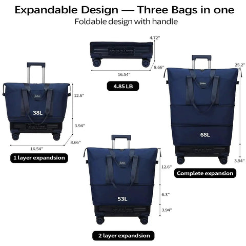 Expandable Rolling Duffle Bag With Wheels And Handle For Weekend Trips And Gym Mega Roomy Design Large Capacity Foldable Travel Luggage with three layers of expansion, 68L maximum capacity, shown in blue.