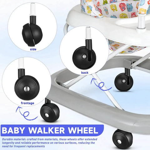 4 Pcs Baby Walker Replacement Wheels Set Quiet Wear Resistant Plastic Casters for Baby Walkers and Strollers shown in different views.