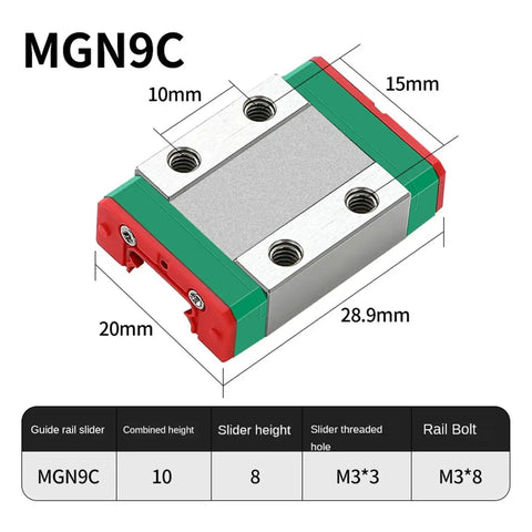 MGN9C slider dimensions for Two Piece Linear Guide Rail Kit With Four MGN9C Sliders, Includes Rails In 100mm, 350mm, 400mm, 450mm, 500mm Lengths