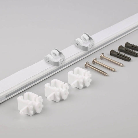 25 Pieces Sliding Door Rollers And Curtain Track Wheels Set For Built To Last Heavy Duty Metal Folding Doors Quiet Office And Home Window Roman Shade Hardware System Durable Pulley Hardware For Smooth Gliding And Low Noise showing wheels, track, and screws.