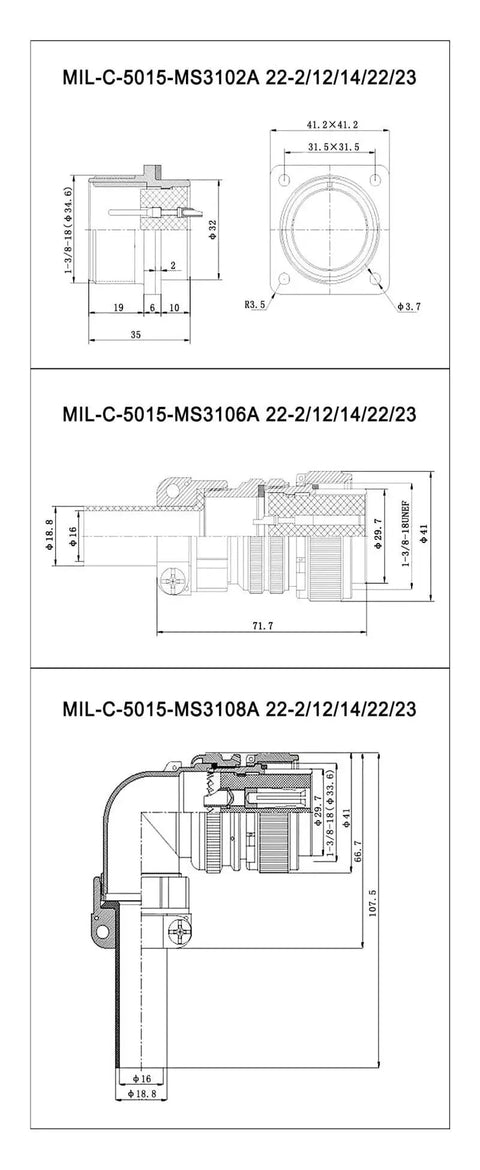 Technical drawing of MIL-C-5015 MS3106A 22-2/12/14/22/23 electrical connector, showing dimensions and specifications.