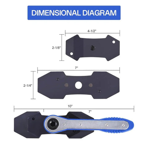 Dimensional diagram of Pro Grade Car Brake Caliper Piston Press Tool Set With Ratcheting Spreader Four Hangers And 360 Degree Caliper Press Ratchet.