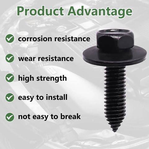 Close-up of a black bolt highlighting corrosion and wear resistance, part of the Multipurpose Automotive Body Bolts And U Nut Clips Kit For Cars.