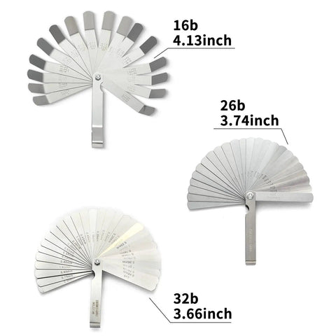 Three Piece Feeler Gauge Set With 32 And 26 Blade Gauges And Offset 16 Blade Gauge Stainless Steel Dual Marked Metric And Imperial Gap Tool For Automotive Repair And Engine Tuning Today, displaying open gauges with blade details.