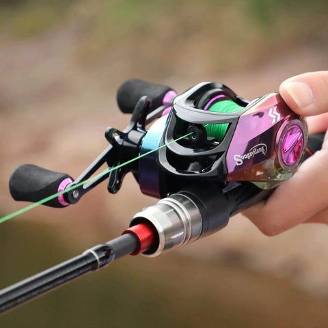 Close-up of Carbon Fiber Fishing Rod 1.8m 2.1m Ultra Light Portable Baitcasting Reel Combo being held above a water body.