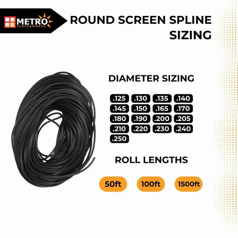 Image showing Round Screen Spline.205 For Window Screens Roll Of Fifty Feet Black Vinyl DIY Friendly Replacement Sizing Chart