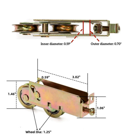 4 Pack Sliding Patio Door Rollers 1-1/4 Inch Steel Ball Bearing Replacement Set For Sliding Glass Doors Tandem Roller Assembly Wheels Ideal For Screen Doors Gates And Windows Durable Hardware, showing dimensions and side view of galvanized steel roller.