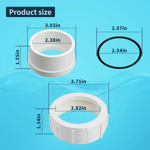White PVC half-union adapter with O-ring and threaded nut for 2-inch piping
