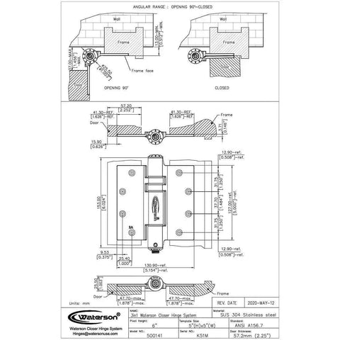 Technical drawing of 5 Inch Heavy Duty Spring Door Hinge With Built In Closer UL Listed Fire Rated Stainless Steel Satin Brushed Finish