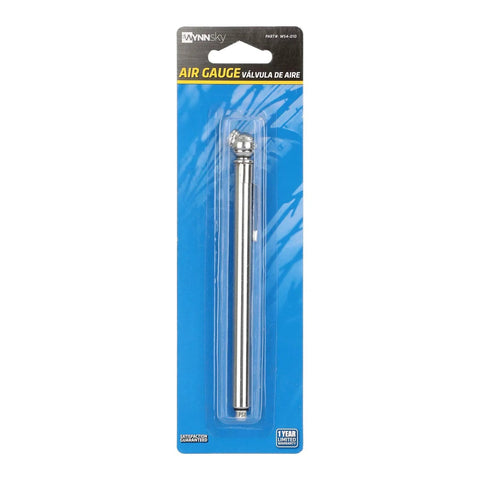 WYNNsky pencil tire gauge with chrome body, 1-20 PSI, shown in blue packaging